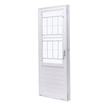 Imagem de Porta de Aço com Postigo 215x83cm com Grade Quadriculada e Vidro Liso 