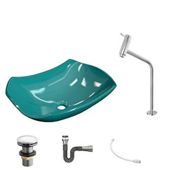 Imagem de Kit Cuba L42 C/Torneira Link 1062 Metal + Válvula Click 1''G + Sifão Cromado + Flexível Azul Turquesa