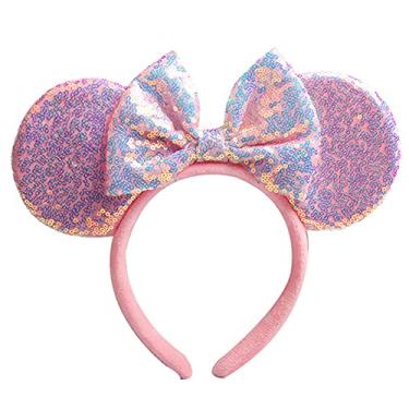Imagem de OBUY Orelhas de rato rosa de flanela macia arco faixas de cabeça glitter decoração de festa de princesa orelhas de rato adultos, orelhas de rato brilhantes de sereia orelhas de rato para meninas fantasia cosplay para meninas e mulheres