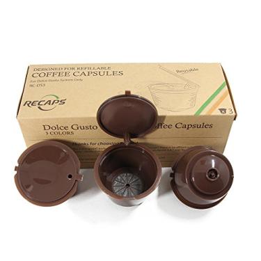 Imagem de RECAPS Cápsulas de café recarregáveis recarregáveis, recarregáveis, compatíveis com as cafeteiras Dolce Gusto, pacote com 3, marrom