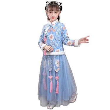 Imagem de Macaquinho infantil 4t feminino com forro de lã Hanfu para roupas de ano novo chinês para meninas de 6 anos, Azul, 3-4 Years