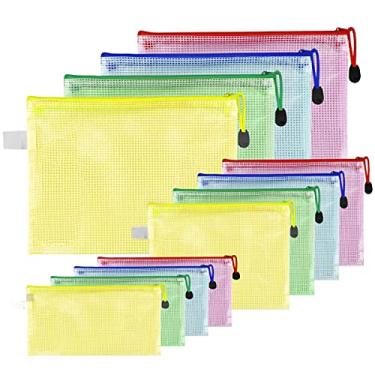 Imagem de Pacote com 12 bolsas de documentos com zíper para viagem, arquivos de malha, tamanho A4, A5, A6, material escolar, escritório, cores, saco de plástico para armazenamento, pastas com zíper, à prova
