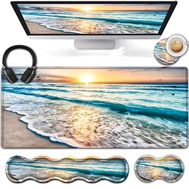 Imagem de Mouse pad grande para jogos, mouse pad estendido com base de borracha natural antiderrapante, teclado ergonômico descanso de pulso, para mesa de casa/escritório, almofada de escrita do nascer do sol na praia, tapete de mesa para descanso de pulso