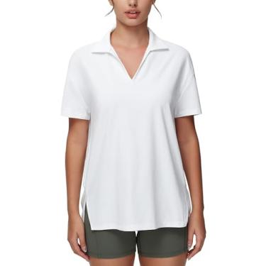 Imagem de Dragon Fit Camisa polo feminina com gola V solta UPF50+ manga curta para treino casual secagem rápida gola atlética, Branco, P