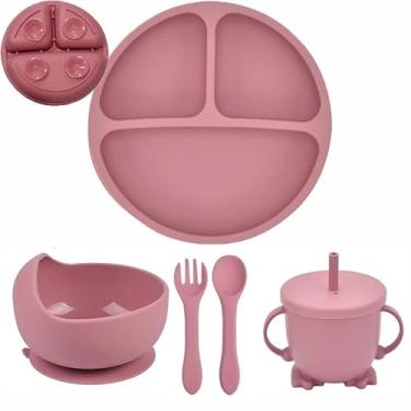 Imagem de Kit Infantil Silicone Introdução Alimentar Refeição Bebê 6 Pçs Ventosa Bpa Free (Rosa)