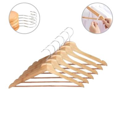 Imagem de Kit 6 Cabides Madeira Marfim Envernizado Gancho Cromado Cava Organizador Roupa Adulto Calça Vestido Camisas Terno Blusas