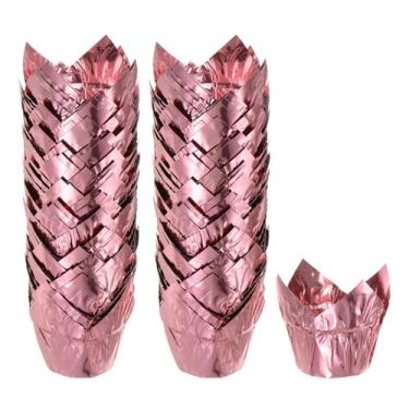 Imagem de HARFINGTON 100 peças de forros de cupcake de tulipa de folha de alumínio padrão, embalagens à prova de graxa, descartáveis para banquetes de aniversário, festa de aniversário, tom dourado rosa
