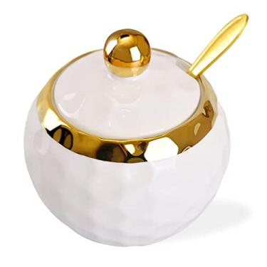 Imagem de WHJY Açucareiro de cerâmica com tampa e colher, recipiente de sal de porcelana com design de golfe, caixa de temperos moderna para casa e cozinha cafeteria - branco