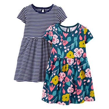 Imagem de Simple Joys by Carter's Conjuntos de vestidos de manga curta e sem mangas para meninas, pacote com 2, Estampa floral azul marinho/listras brancas, 5 Anos