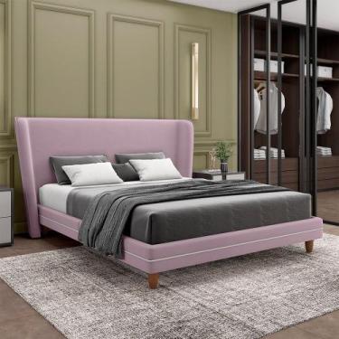 Imagem de Conjunto Cama com Cabeceira Casal Torres Pés em Madeira Veludo Rosê G9