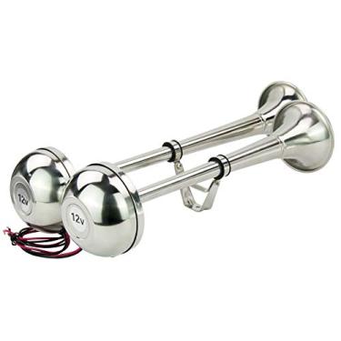 Imagem de Trompete Dupla, Trompete Elétrico Marinho 12 V Chifre Elétrico de Aço Inoxidável 46 cm Alto, Potente, Único, Trompete de Aço Inoxidável para Trailers, Caminhão, SUV, Barco, Trem, Carro, Vans, Iate