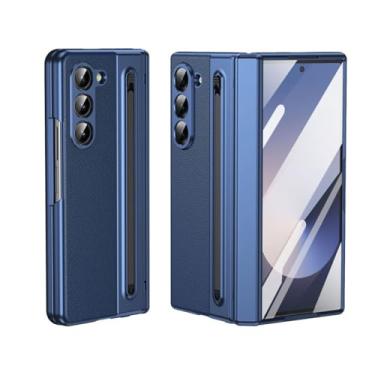Imagem de CMYFUTNG Capa para Samsung Galaxy Z Fold 5 com caneta de escrita compacta integrada, textura de couro, proteção de dobradiça, carregamento sem fio, capa de telefone fina S Pen azul 23-Z Fold5-02