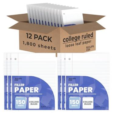 Imagem de Papel para caderno, papel de folha solta, papel pautado universitário, 26,7 cm x 20,3 cm, papel de enchimento, 56 g/m², 150 folhas por pacote, 1800 folhas, (pacote com 12)