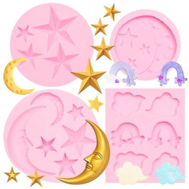 Imagem de Molde de silicone de chocolate estrela, 4 peças, nuvens da lua, formas de fondant em forma de arco-íris, para decoração de bolos, enfeite de cupcake de doces, artesanato de argila de polímero, resina