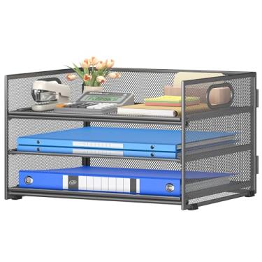 Imagem de Subekyu Organizador de 3 camadas de papel para mesa, organizador de pastas de arquivos de mesa de metal cinza com alça e bandeja deslizante para casa, escritório, armazenamento de material escolar