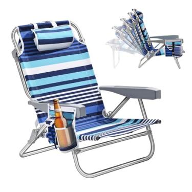 Imagem de Cadeira de praia com 5 posições de alumínio, cadeiras de praia compactas e portáteis para adultos com bolsa térmica, bolsa de armazenamento, barra de toalha, suporte de copo e suporte de telefone