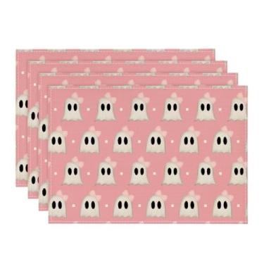 Imagem de Artoid Mode Jogo americano assustador de Halloween Ghost Boo com listras rosas, conjunto de 4 tapetes de mesa vintage sazonais 30,5 x 45,7 cm para decoração de festa, cozinha, jantar