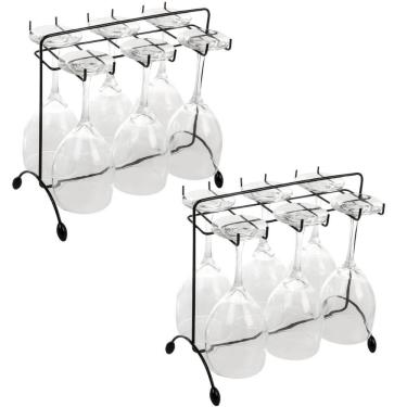 Imagem de Kit 2 Suportes Porta Taças de Vinho Preto 16x27cm Aramado de Mesa Bancada