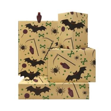 Imagem de Papel de embrulho de morcego, estampa de foice de caveira de aranha morcegos assustador tema de Halloween papel de embrulho para presente para mulheres e homens, Halloween, Natal, faça você mesmo