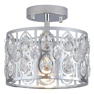 Imagem de Sheenkarion Luminária de teto cromada de cristal de 22,5 cm, montagem seminivelada, luminária de teto de fazenda moderna, luminárias de corredor redondo para cozinha, entrada, quarto, lavanderia, 1