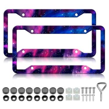 Imagem de Moldura para placa de carro Galaxy - 2 peças azul rosa galáxia céu estrelado aço inoxidável suporte de placa de carro de metal, à prova de ferrugem, à prova d'água para carro