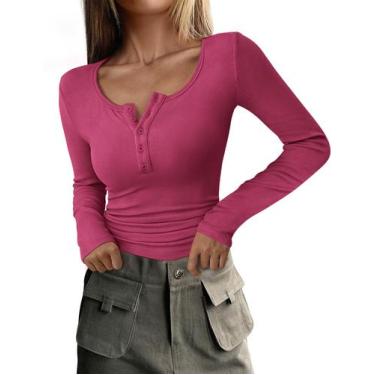 Imagem de Camiseta feminina PRETTYGARDEN 2024 de manga comprida Henley