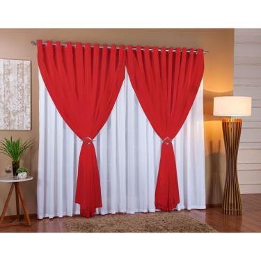 Imagem de Cortina Voil Forro Microfibra Sala 7,00X2,60 Branco/Vermelho