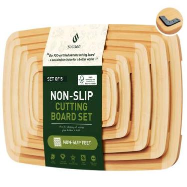Imagem de Conjunto de tábuas de corte de bambu Socisen 5 placas antiderrapantes 