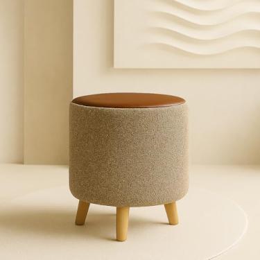 Imagem de Puff Banquetas Redondo Banco Pufe Assento Macio em Courino Tecido Boucle Decorativo para Sala Escritório Apartamento Manu com Pés em Madeira - Bege/Marrom