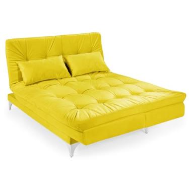 Imagem de Sofá Cama Versátil Reclinável Veludo 3 Lugares 5 Posições Casal Premium Estrutura Pés de Alumínio Casa Imperial (AMARELO)