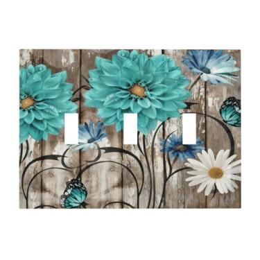 Imagem de SgEdao Capas decorativas para interruptor de luz, margarida turquesa, design floral vintage em madeira rústica, placa de parede artística de 3 grupos, capas exclusivas para interruptor de luz tripla