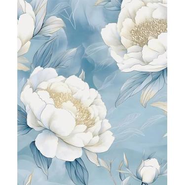Imagem de Papel de parede floral azul descasque e cole papel de contato moderno peônia branca 44,5 cm x 299,7 cm vinil à prova d'água autoadesivo vintage botânico mural de parede para quarto, paredes