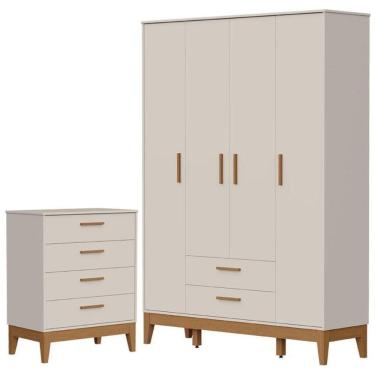 Imagem de Guarda Roupa Infantil Flip 4 Portas Com Cômoda Gaveteiro Infantil Flip Areia Acetinado - Reller