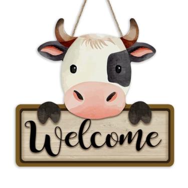 Imagem de Bolisom Placa de porta da frente de vaca Welcome Farm, cabide vintage de madeira rústica para uso externo, varanda, decoração de casa, guirlanda de madeira rústica para pendurar na parede, presente de