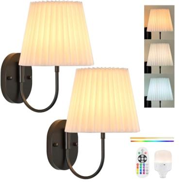 Imagem de PASSICA DECOR Arandelas de parede operadas por bateria, conjunto de 2 persianas plissadas de tecido premium, luzes LED recarregáveis com 15 cores, temporizador de controle remoto para quarto, sala de