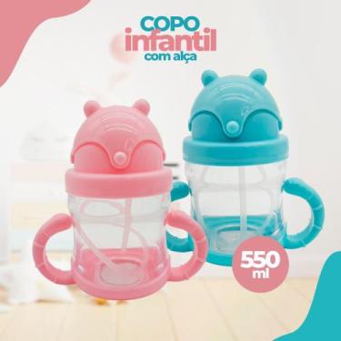 Imagem de Copo Infantil Com Alça Ursinho Canudo Antivazamento Suporte Rosa Azul 