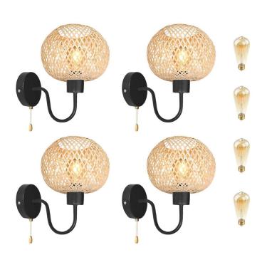 Imagem de Kit 4 Luminária De Parede Fibra Natural Em Bambu Nat91 + Led