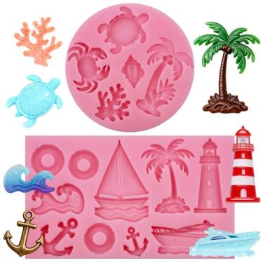 Imagem de Conjunto de moldes de silicone Ocean Beach, pacote com 2 moldes de fondant rosa com farol, palmeira, tartaruga marinha, designs de coral, 8 x 6 cm