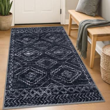 Imagem de KILOCOCO Tapete de entrada Boho 7,5 x 12,5 cm, lavável, antiderrapante, macio para cozinha, sala de estar, sala de jantar, quarto, tapete marroquino geométrico, preto