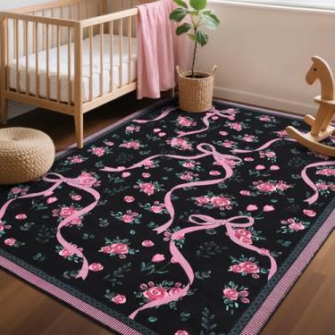 Imagem de GarveeHome Tapetes Coquette rosa para quarto de meninas, 10 x 15 cm para sala de estar com pelo baixo macio, tapete de área lavável com laço floral para berçário, dormitório infantil, sala de jogos