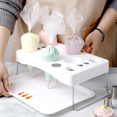 Imagem de Suporte de saco de confeitar dobrável com bandeja coletora - organizador de 12 furos + ranhuras para unhas | Armazenamento compacto de cozimento para bancadas, confeitarias domésticas e cozinhas