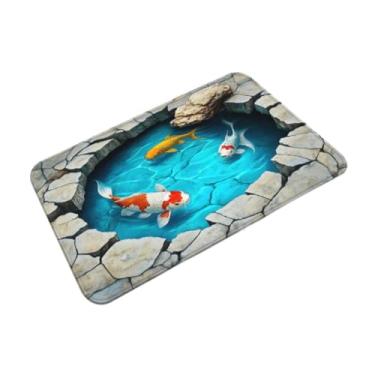 Imagem de Fenteer Tapete 3D com ilusão de carpa e efeito realista de água, tapete de chão com estampa de lago de carpas koi para quintal, escadas e pátio.