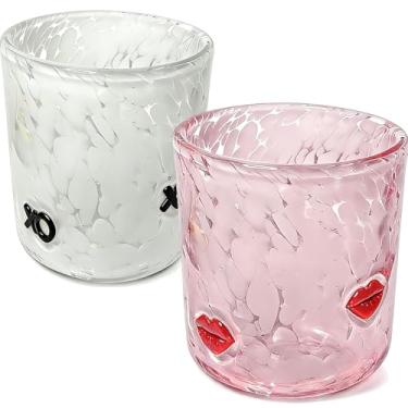 Imagem de YinNorth 2 peças de copos de suco de ícone de dia dos namorados 400 ml Xo copos de coquetéis bonitos rosa branco sem haste copos de vinho soprados à mão copos de casal à moda antiga para sua esposa