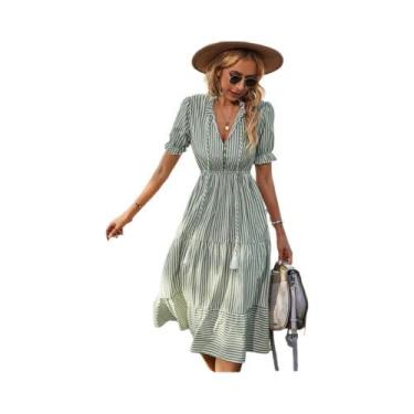 Imagem de Vestido Midi Listrado Com Decote Em V Para Mulheres, Casual De Verão, 