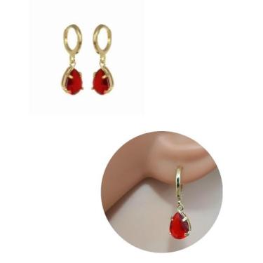 Imagem de Brinco Pequeno Gota Cristal Vermelho Folheado Ouro 18k