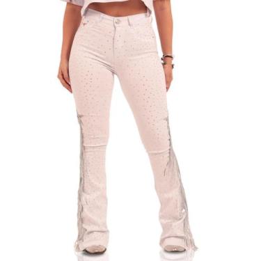 Imagem de Calça Jeans Branca Star Franjas Paetê Moda Country Brilhos Feminino Te