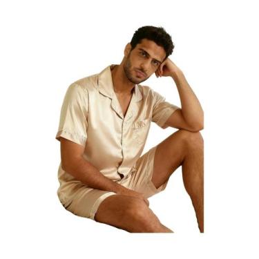 Imagem de Conjunto De Pijama De Verão Masculino Em Cetim Com Camisa De Manga Cur