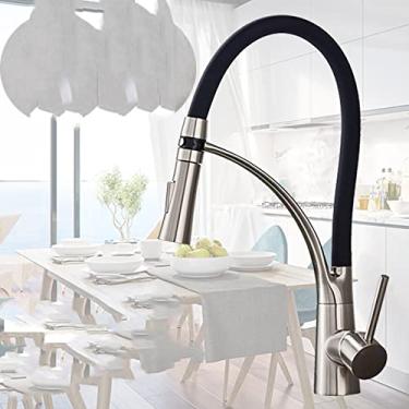 Imagem de Torneira de pia de cozinha led preta giratória pull down torneira de pia de cozinha montada deck no banheiro misturador de água quente e fria, níquel escovado, china