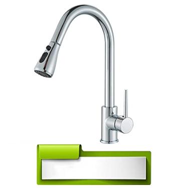 Imagem de Torneira de cozinha preta com furo único, bico removível para pia de cozinha, torneira misturadora, fluxo, cabeça de pulverização, rotação, água quente e fria, torneira misturadora, cromada