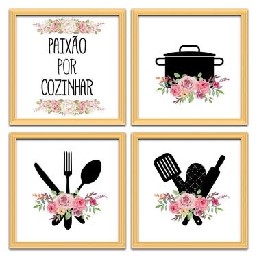 Imagem de Conjunto Quadros Decorativos 4pç 20x20 Paixão Por Cozinhar 2 Titulos Moldura Marfim